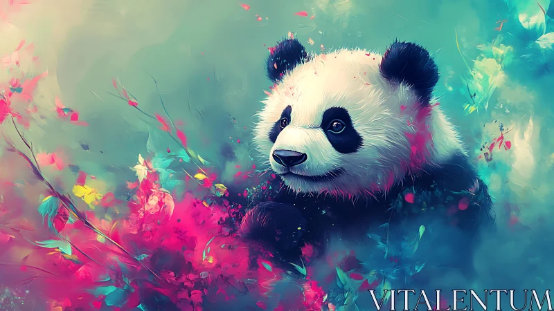 Panda in colorful abstract foliage with soft teal background.