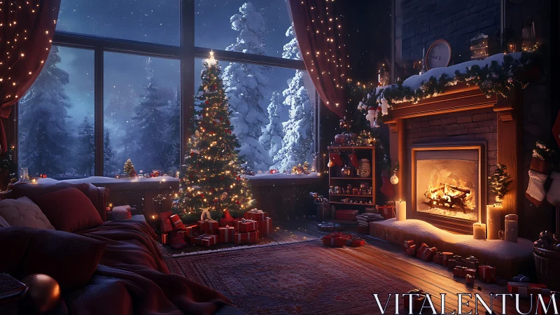 Snowy Christmas living room glows with warm festive light