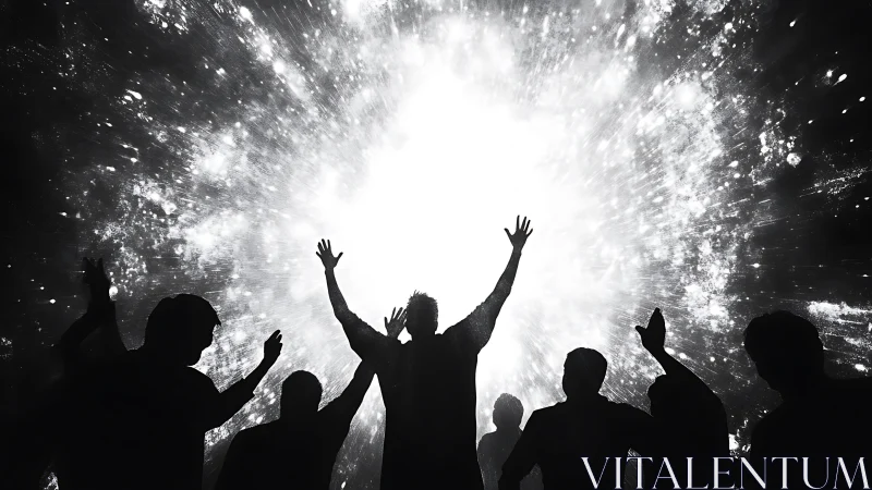 Silhouetted crowd hails exploding starlight gateway in awe.