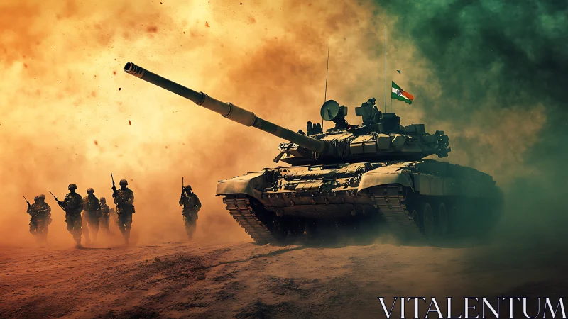 Dust storms crown a battle tank leading its marching guard