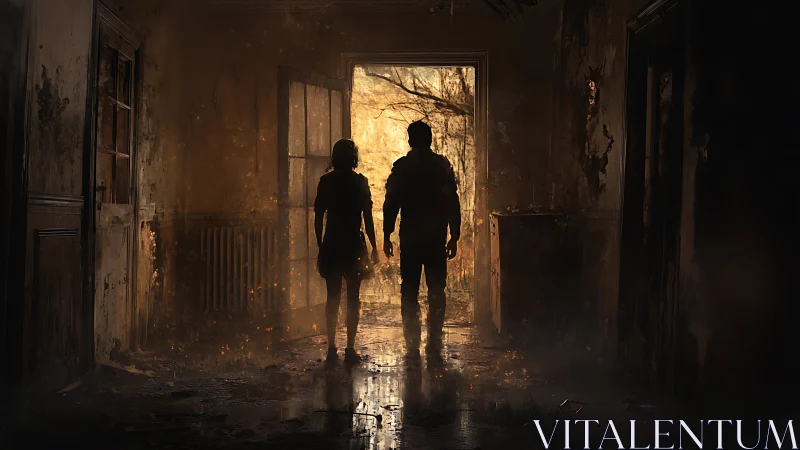 Silhouetted pair in ruined hallway facing a burning exit.