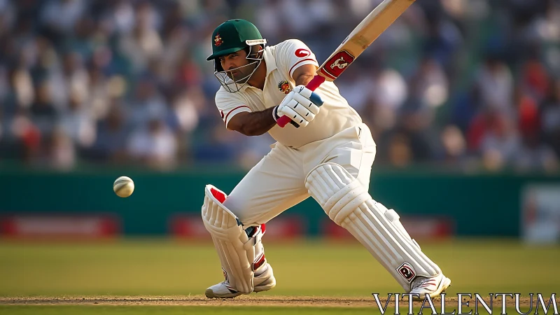 Right-handed test batsman executing front-foot defensive stroke
