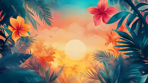 Vibrant tropical sunset framed by lush foliage and flowers.