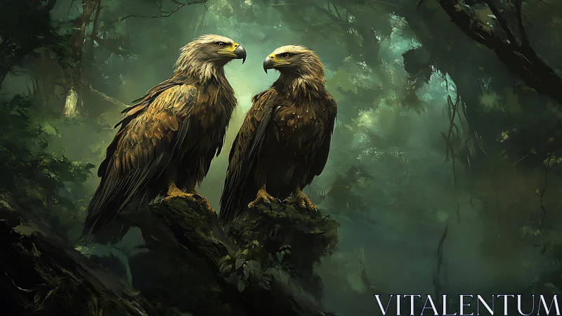 Two majestic eagles perched in a mystical forest, digital art style.