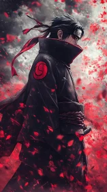 Solitary anime swordsman framed by dynamic red petal storm