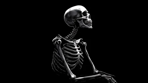 Side-lit human skeleton rendered in stark monochrome profile