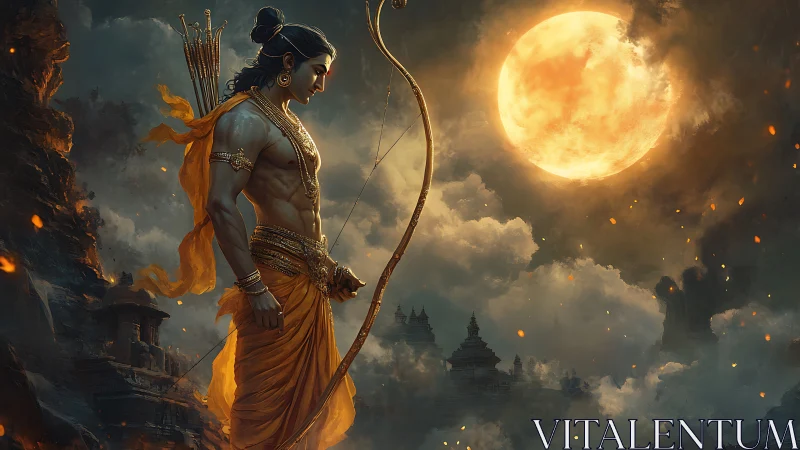 Moonlit warrior prince pauses above ancient temple clouds.