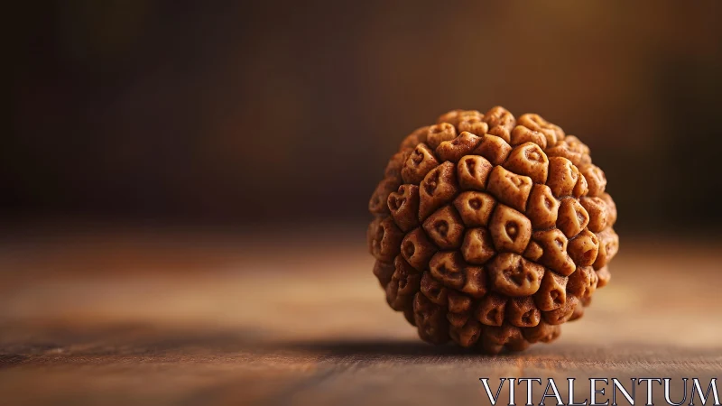 Single brown rudraksha bead on wooden surface in focus.