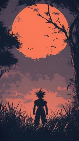 Silhouetted figure observing large red moon above horizon.