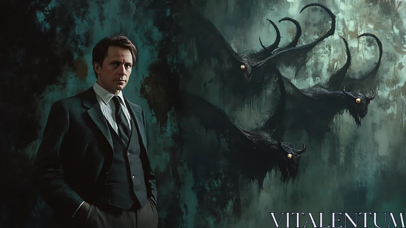 Gentleman in the dark facing his restless shadow creatures.