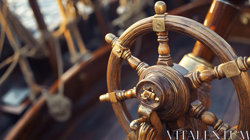 Wooden ship helm with metal fittings in close view.