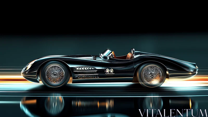 Streamlined retro roadster in luminous motion blur panorama.