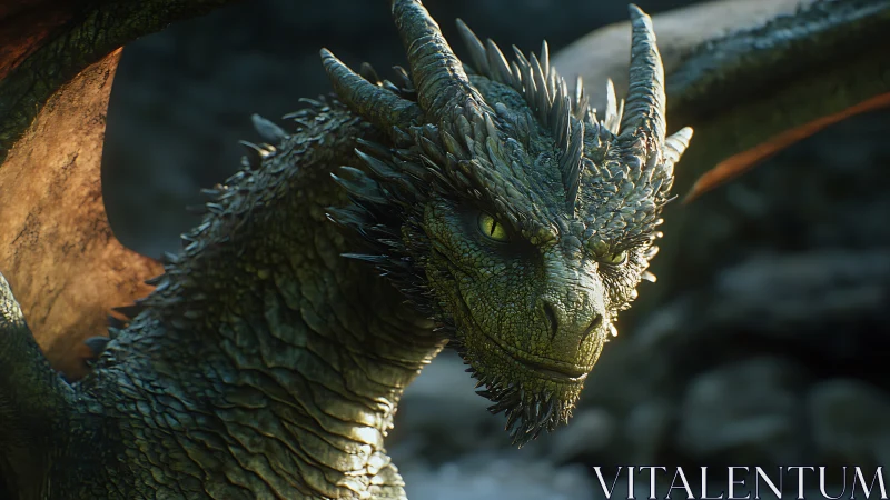 Green scaled dragon close-up with focused yellow eyes.