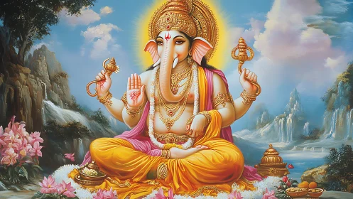 Radiant Ganesh sits in serene mountains with gentle blessings