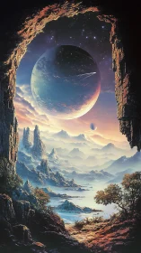 Misty alien valley opens toward a glowing twin-moon sky