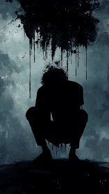 Solitary figure beneath a storm of inky emotions.