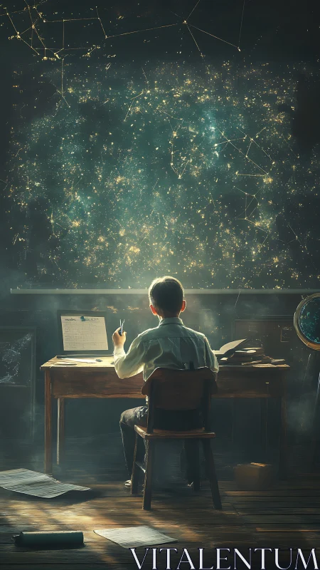 Solitary student at desk beneath illuminated star chart wall.