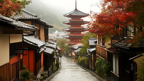 Photorealistic rainy Kyoto street with pagoda perspective focus.