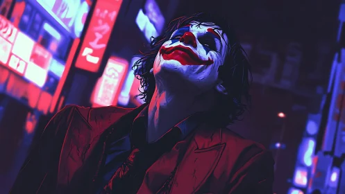 Neon-lit clown figure in crimson suit under urban night glow