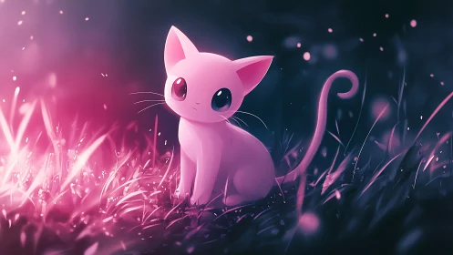 Pink stylized cat in glowing grass under soft night light.