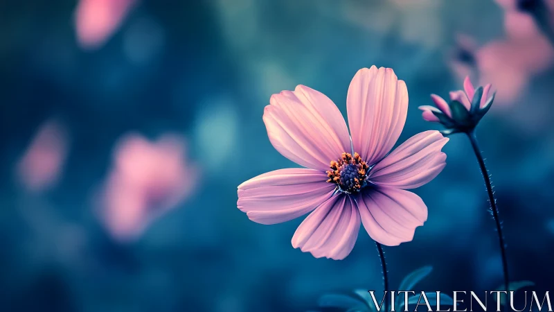 Luminous Cosmos Flower Blooms Against Twilight Dreamscape.