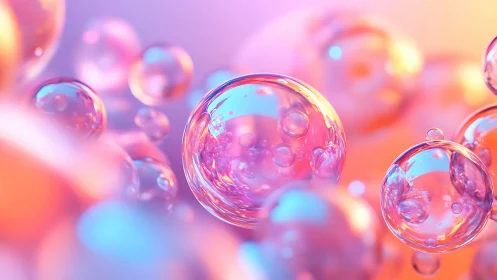Prismatic soap spheres drift through sherbet-tinted daylight