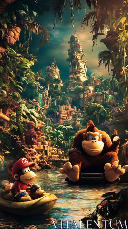 Donkey Kong and friend explore dense jungle river city.