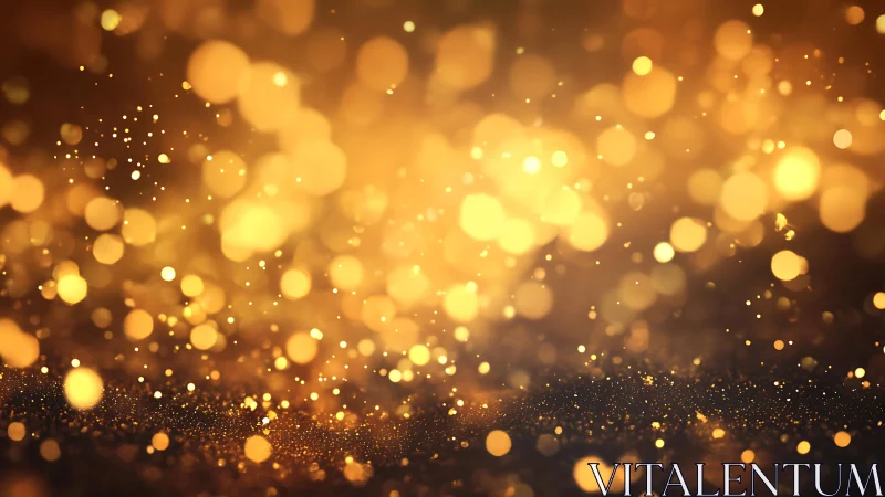 Golden glitter bokeh background with glowing light particles.