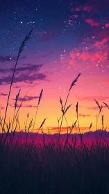 Starlit prairie grasses beneath vivid magenta twilight sky.