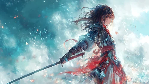 Armored anime swordswoman strides through luminous storm clouds
