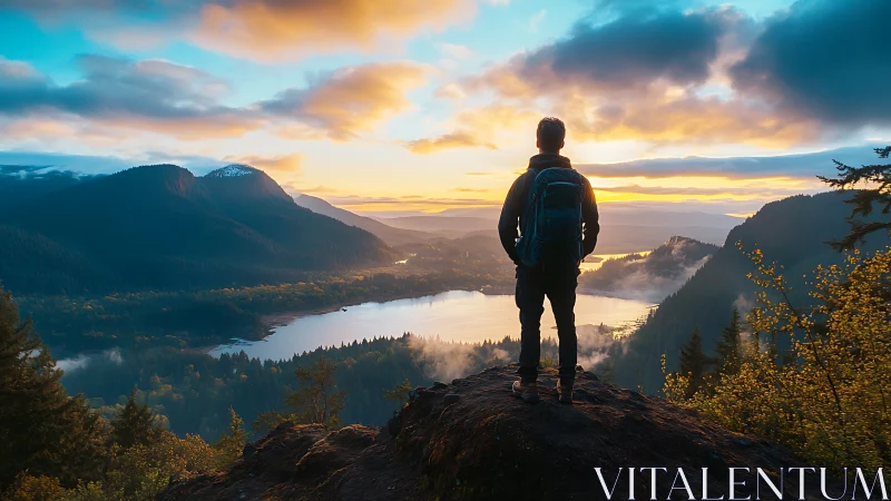 Hiker overlooks misty mountain lake at vivid sunrise.