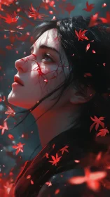 Woman with glowing red veins gazes upward amid falling leaves