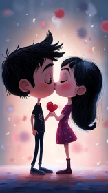 Boy and girl cartoon characters kissing with red heart