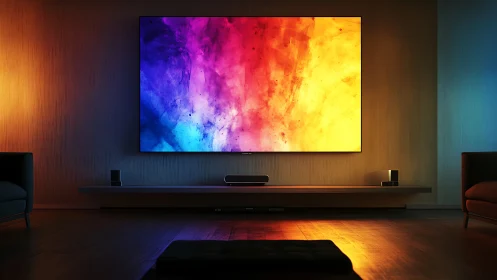 Large wall mounted TV displays vivid multicolor abstract image