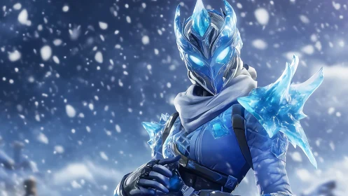 Ice armored warrior in blizzard with glowing blue eyes.