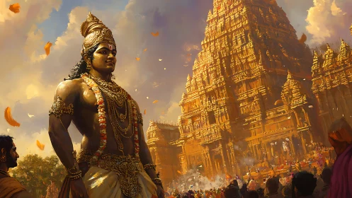 Mythic temple guardian before towering golden gopuram.