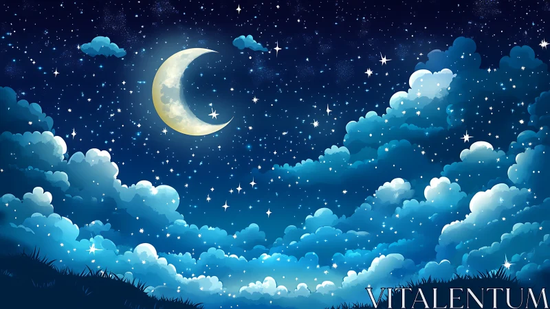 Cozy crescent moon drifting above sparkling night clouds.