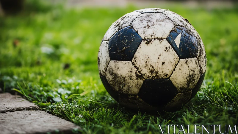 Mud stained soccer ball rests on damp backyard grass