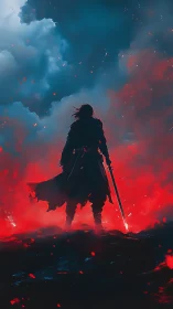 Silhouetted sword bearer in red mist under storm clouds.