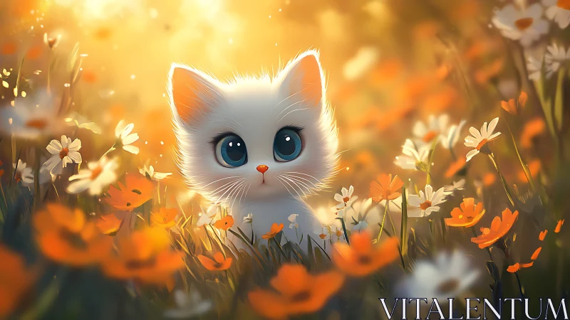 White Kitten in Sunlit Wildflower Meadow with Golden Hour Lighting