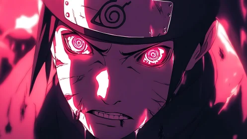 Close view of intense anime ninja character in red light.