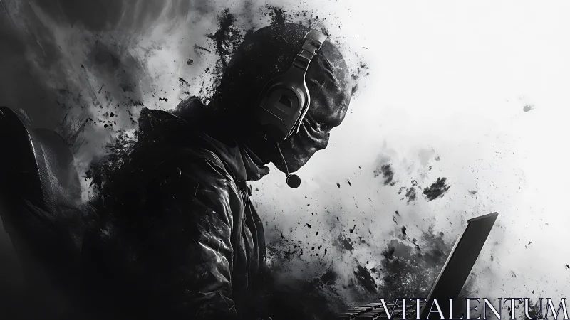 Hooded gamer with headset at laptop in dark abstract smoke.