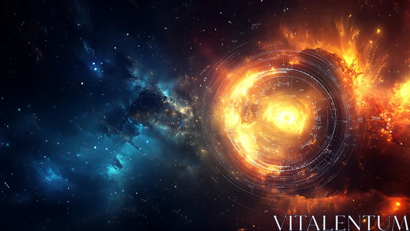 Cosmic singularity with digital schematics in fiery nebula.