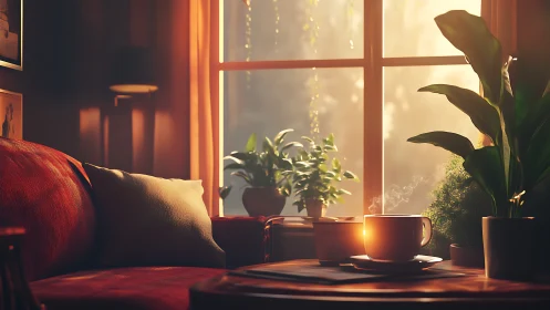 Golden hour quiet corner with plants and a warm coffee mug.