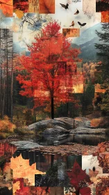 Fiery autumn tree glows above a quiet forest pond
