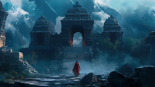 Solitary robed traveler before mist-shrouded mountain temple gate