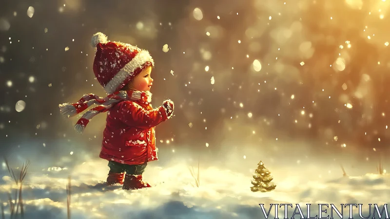 Little one in red coat enjoys gentle golden winter snowfall