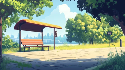 Sunny riverside bus stop rests among lush summer trees.