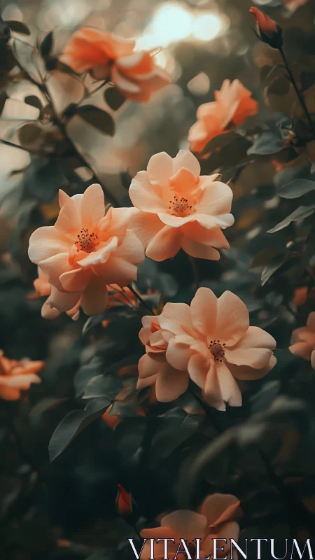 Rose specimens in soft focus landscape.