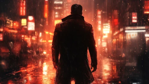 Silhouetted figure stands in rainy neon lit city street